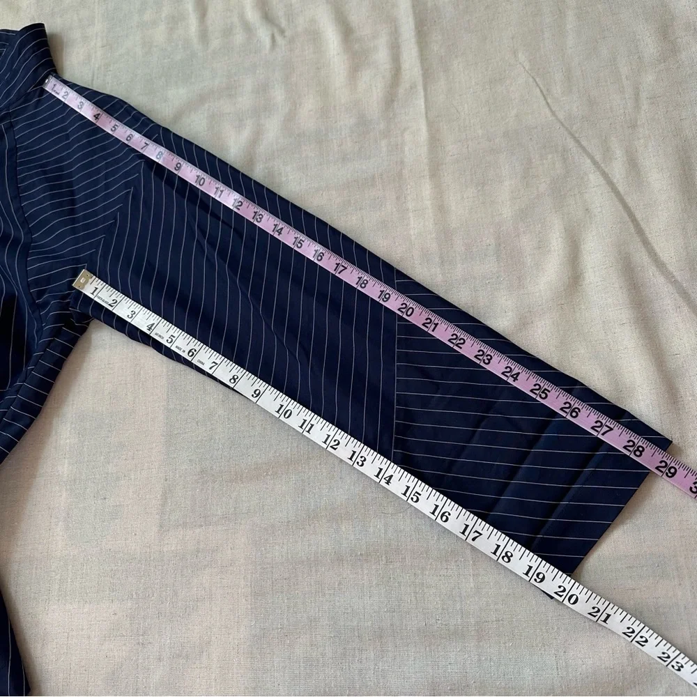 Eskandar Double Stand Collar Botton Shirt Navy Stripe Patchwork Cotton Luxury - Picture 12 of 13